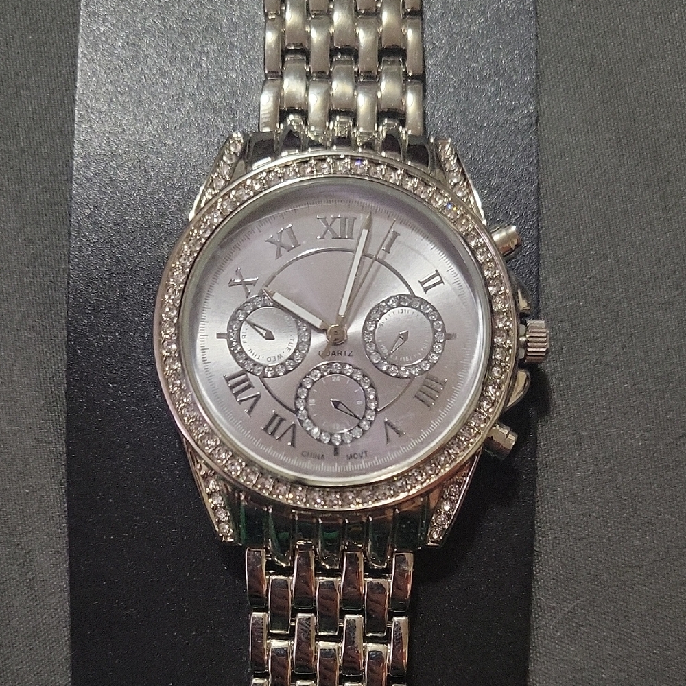 Silver Quartz Watch with Crystal Accents